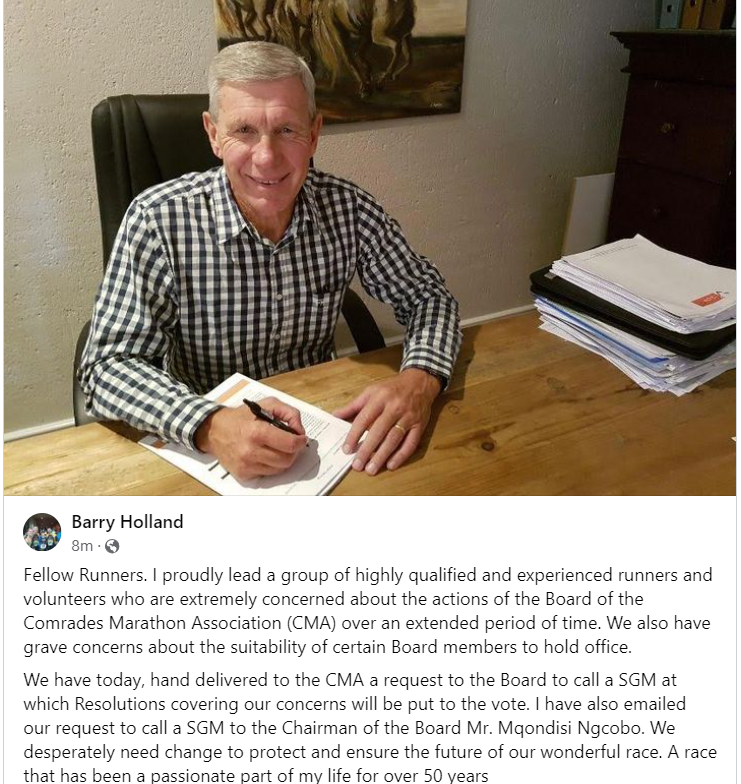 This is a powerful statement from Barry Holland. Enough is enough, it’s time to take #ComradesMarathon back to an event that places the best interests of the runners first.

The document calling for an SGM was handed over at Comrades House this morning...
