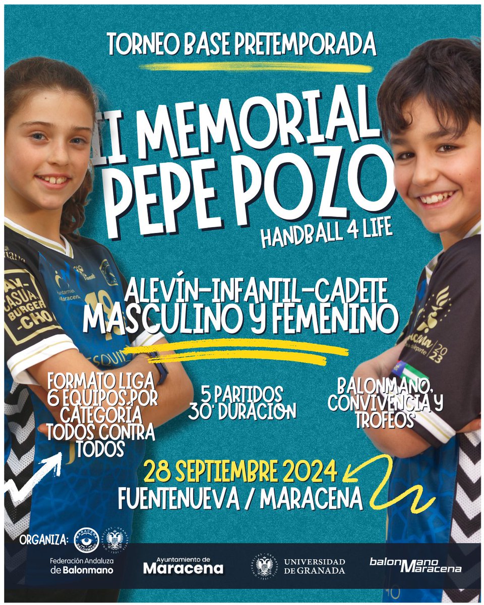 🤩 ¡Vuelve la fiesta del balonmano base en pretemporada!

🤾 Granada acoge el II Memorial Pepe Pozo en las instalaciones de @deportesugr y @aytomaracena

🫶 36 equipos alevin, infantil, cadete masculino y femenino en 7 pistas simultáneas