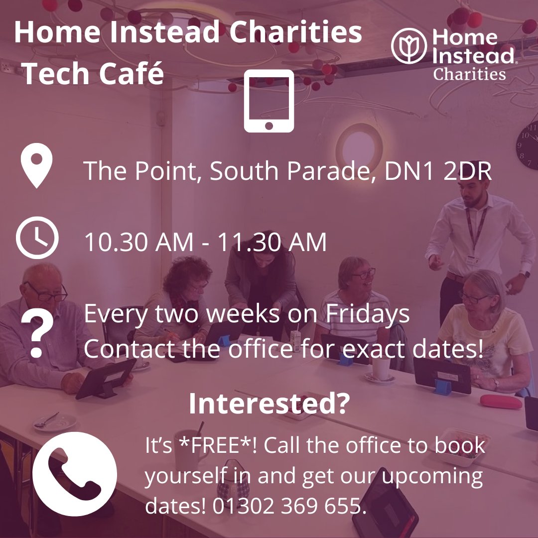 HI_Doncaster's tweet image. Explore the world of technology at Home Instead Charities Tech Café—where learning is free and fun! Call our office at 01302 369 655 to book your spot. Embrace the digital age with us! 🌐🖥️ #TechCafe #DigitalInclusion #HomeInsteadCharities