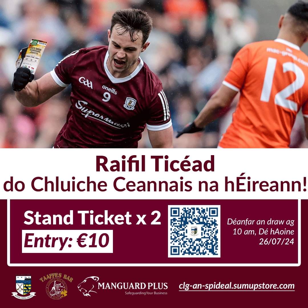CLG_AnSpideal's tweet image. WIN 2 ALL-IRELAND TICKETS! // BUAIGH DHÁ THICÉAD DON All-IRELAND!

clg-an-spideal.sumupstore.com

Tá an cumann ag reachtáil raifil i gcomhar dhá thiceád seastáin do chluiche ceannais peile na hÉireann idir Gaillimh agus Ard Mhacha.
#GaillimhAbú🇱🇻🇱🇻
#AnSpidéalAbú💙💛🖤🧡