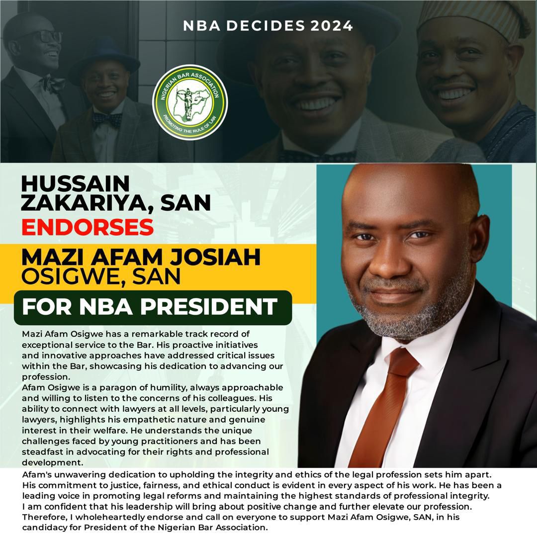 EEdekobi21356's tweet photo. *MAZI AFAM JOSIAH OSIGWE, SAN:* ENDORSEMENT SERIES 24.0

Hussain Zakariya, SAN endorses Mazi Afam Josiah Osigwe SAN for the office of NBA President. 

Vote AFAM JOSIAH OSIGWE AS NBA PRESIDENT

#Proactivebar
#Fortheloveoftheprofession
#Lawyersfirst https://t.co/oXnOMx7nOY