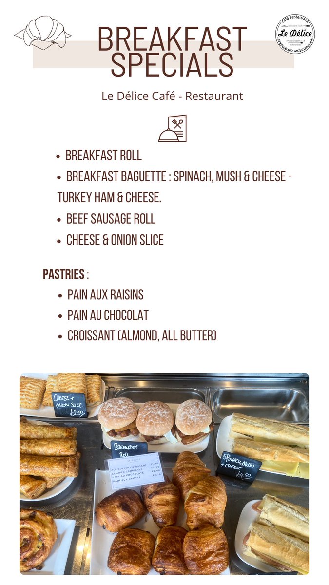 ⭐️Breakfast Specials At Le Délice🍽️ #GoodMorning #breakfast #eatlocal #homemade with #pastries #breakfastroll #breakfastbaguette #beefsausageroll and many more