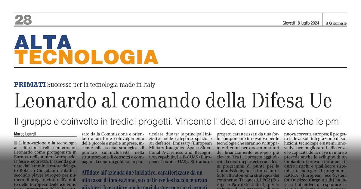 Leonardo_IT's tweet photo. Con i progetti #Emissary (European Military Integrated Space Situational Awareness and Recognition capabilitY) ed #ECUAS (European Counter Unmanned Aerial System), #Leonardo è alla guida di due delle principali iniziative comunitarie dedicate a Spazio e air defence. Lo speciale de @ilgiornale, racconta il contributo tecnologico del Gruppo nell’ambito della sorveglianza spaziale e del contrasto ai #droni. Scopri di più: https://t.co/QUlGwGZ0AU