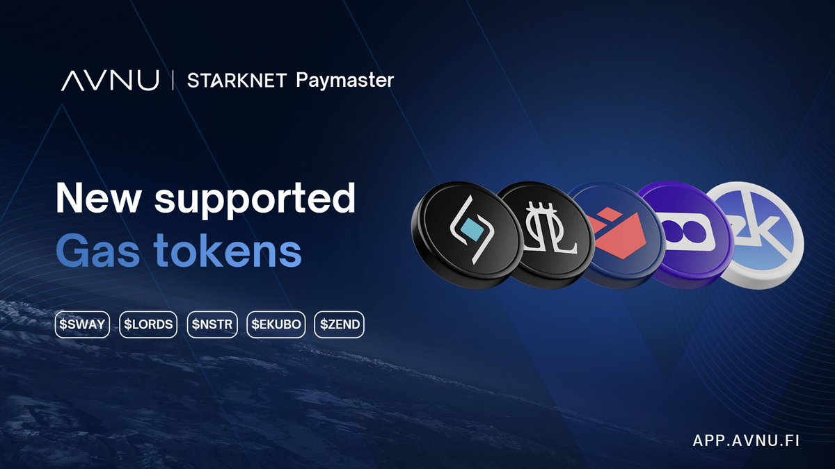 avnu_fi's tweet photo. GM STARKs ✨

AVNU Paymaster just leveled up! 💪

You can now pay Starknet gas fees with any ecosystem token. Welcome $SWAY, $LORDS, $NSTR, $EKUBO, and $ZEND to the squad.

Any token as a gas token is on its way 🔜
