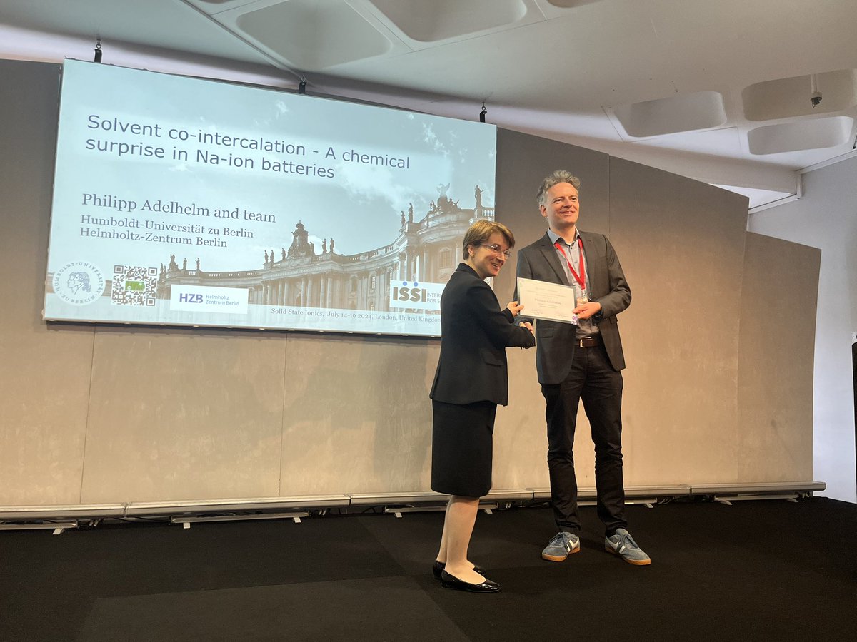 Ifan Stephens (@ifanstephens) on Twitter photo Congratulations to <a href="/AdelhelmP/">Philipp Adelhelm</a> <a href="/HumboldtUni/">Humboldt-Universität zu Berlin</a> (pictured here with Bilge Yildez) for receiving the #SSI24 mid career award. I was fascinated to hear his talk about the properties of co-intercalated cations and solvents in layered compounds. Congratulations to <a href="/AdelhelmP/">Philipp Adelhelm</a> <a href="/HumboldtUni/">Humboldt-Universität zu Berlin</a> (pictured here with Bilge Yildez) for receiving the #SSI24 mid career award. I was fascinated to hear his talk about the properties of co-intercalated cations and solvents in layered compounds.