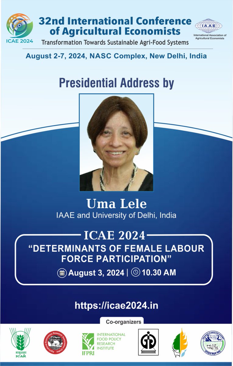 icae2024 (@icae2024) on Twitter photo 🎤 Don’t miss out on this! We’re thrilled to announce that Uma Lele will be delivering the Presidential Address <a href="/icae2024/">icae2024</a>.
📅August 3 at 10:30 AM | Mark your calendars! #ICAE2024
<a href="/IAAEAgEcon/">Int. Association of Agricultural Economists</a> <a href="/icarindia/">Indian Council of Agricultural Research.</a> <a href="/AeraIndia/">AERA India</a> <a href="/IFPRISAO/">IFPRI South Asia</a> <a href="/IFPRI/">IFPRI</a> <a href="/Igidr_Mumbai/">IGIDR</a> <a href="/NAASIndia/">National Academy of Agricultural Sciences-NAAS</a> #ISAE 🎤 Don’t miss out on this! We’re thrilled to announce that Uma Lele will be delivering the Presidential Address <a href="/icae2024/">icae2024</a>.
📅August 3 at 10:30 AM | Mark your calendars! #ICAE2024
<a href="/IAAEAgEcon/">Int. Association of Agricultural Economists</a> <a href="/icarindia/">Indian Council of Agricultural Research.</a> <a href="/AeraIndia/">AERA India</a> <a href="/IFPRISAO/">IFPRI South Asia</a> <a href="/IFPRI/">IFPRI</a> <a href="/Igidr_Mumbai/">IGIDR</a> <a href="/NAASIndia/">National Academy of Agricultural Sciences-NAAS</a> #ISAE