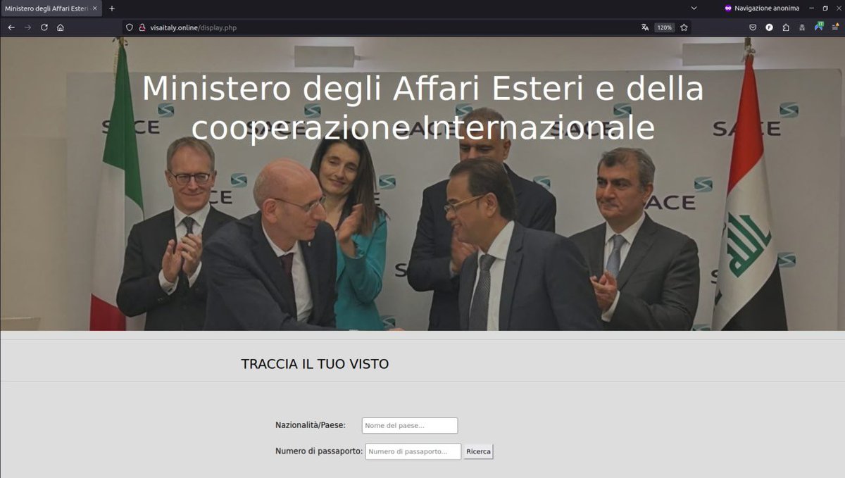 🇮🇹 Campagna di #Phishing a tema #MAECI

⚠️ Rilevato un sito di phishing che si spaccia per il portale ufficiale del Ministero degli Affari Esteri per ottenere il visto per l'Italia

ℹ️ Info e #IoC 👇

🔗 t.me/certagid/692