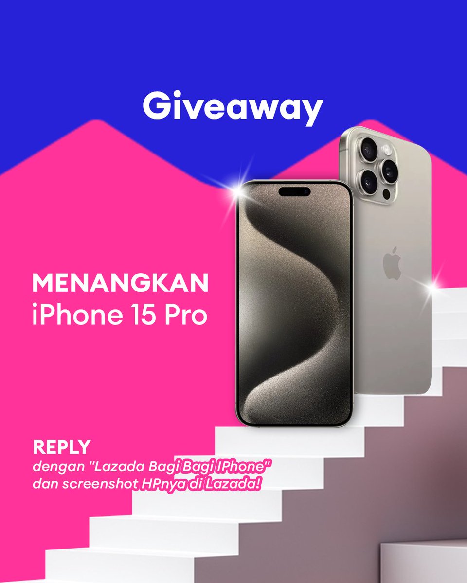✨ GIVEAWAY ALERT ✨

SIAPA YANG MAU IPHONE 15 PRO?

1. Follow <a href="/LazadaID/">Lazada</a> &amp; tag 3 teman.
2. RT, Like &amp; Reply dengan "Lazada Bagi Bagi IPhone" dan screenshot HPnya di Lazada, jangan lupa pake hashtag #LazadaID #LazadaGiveaway 
3. Reply SEBANYAK-BANYAKNYAA!!

Periode: 18 - 24 Juli