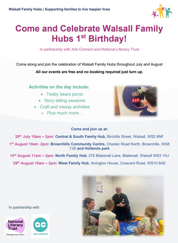 WalsallCouncil's tweet photo. Celebrate the 1st anniversary of our Family Hubs with FREE Summer activities! π π
All events are free and open to families with children of all ages. No booking required - just turn up! π
#WhatsOnWalsall @WRight4Children https://t.co/8JgpuodOsw