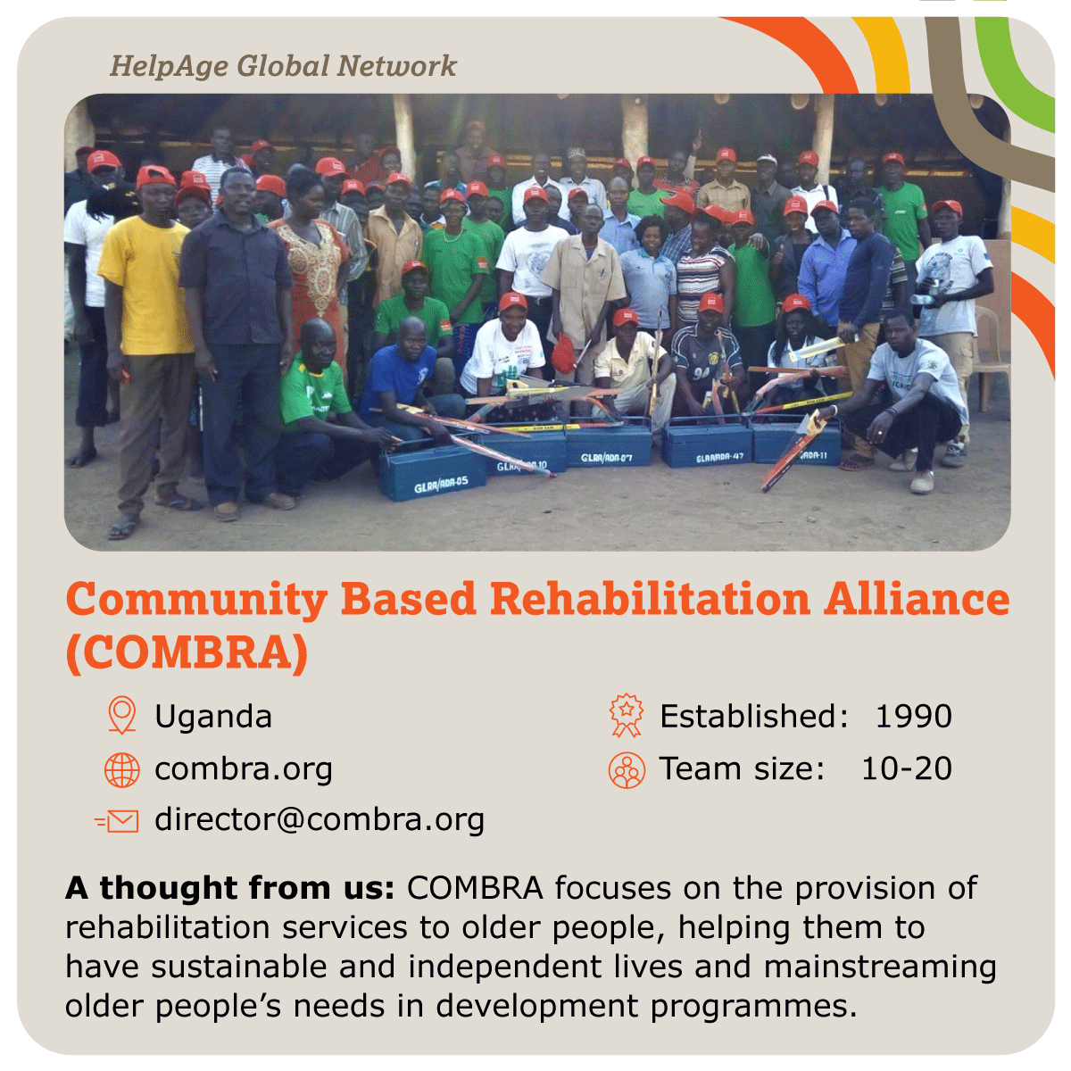 HelpAge's tweet photo. 🌍 Discover #HelpAgeNetwork member: Community Based Rehabilitation Alliance (COMBRA), Uganda 🇺🇬
They provide care and rehabilitation to #OlderPeople.
Follow us for more #HelpAgeNetwork cards and collect them all!
#partnerships https://t.co/Yaucpgb6lp