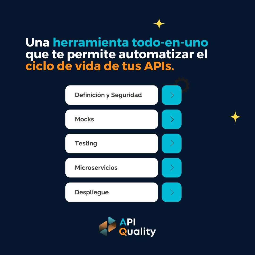 🌟 Herramienta 360 para API Developers 🌟 
API Quality simplifica tu proceso de desarrollo de #APIs

✅ Escaneo de Definición+Seguridad
✅ Generación Mocks
✅ Automatización de Testing
✅ Generación Microservicios
✅ Despliegue Automatizado

Y más… 💻⏩ apiquality.io