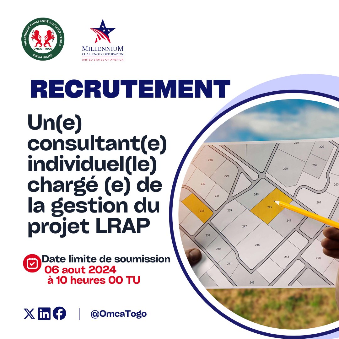 #OMCATogo recrute un (e) consultant (e) pour la gestion du projet de réformes foncières pour l'accroissement de la productivité agricole #LRAP.

Vous êtes intéressés? Alors, consultez et postulez:

bit.ly/4f8FQyz

#Procurement #Gender #Inclusion #AFC #MCC