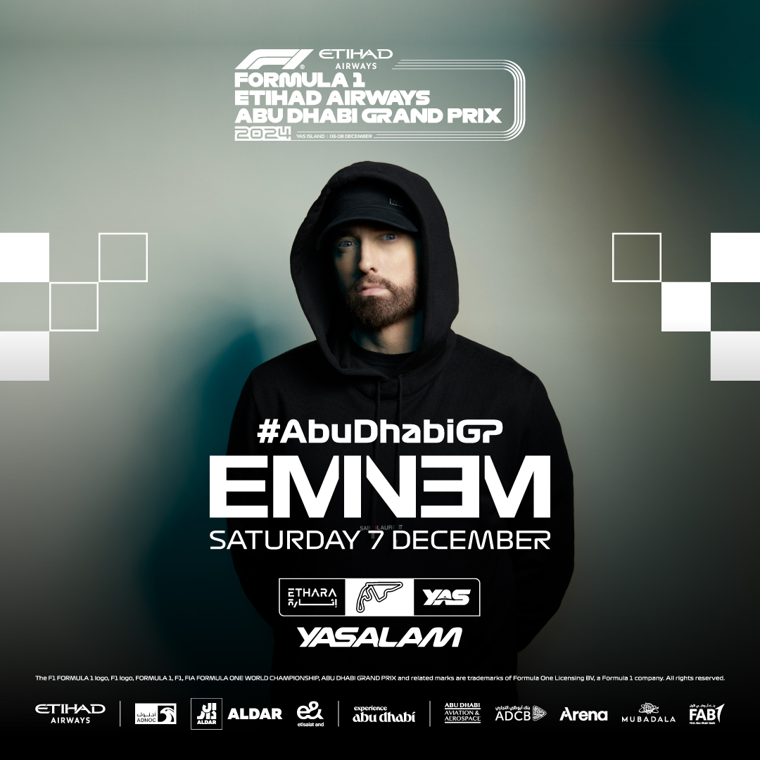 abudhabigp's tweet photo. May we have your attention, please?

The REAL SLIM SHADY, @Eminem, will headline the Yasalam After-Race Concerts lineup at Etihad Park on Saturday 7 December 😎

🎶One you wouldn't want to miss out on! Get your Golden Circle Upgrades NOW with 20% OFF via https://t.co/B7hRBUhDJh. https://t.co/Ptd3l6ggT9
