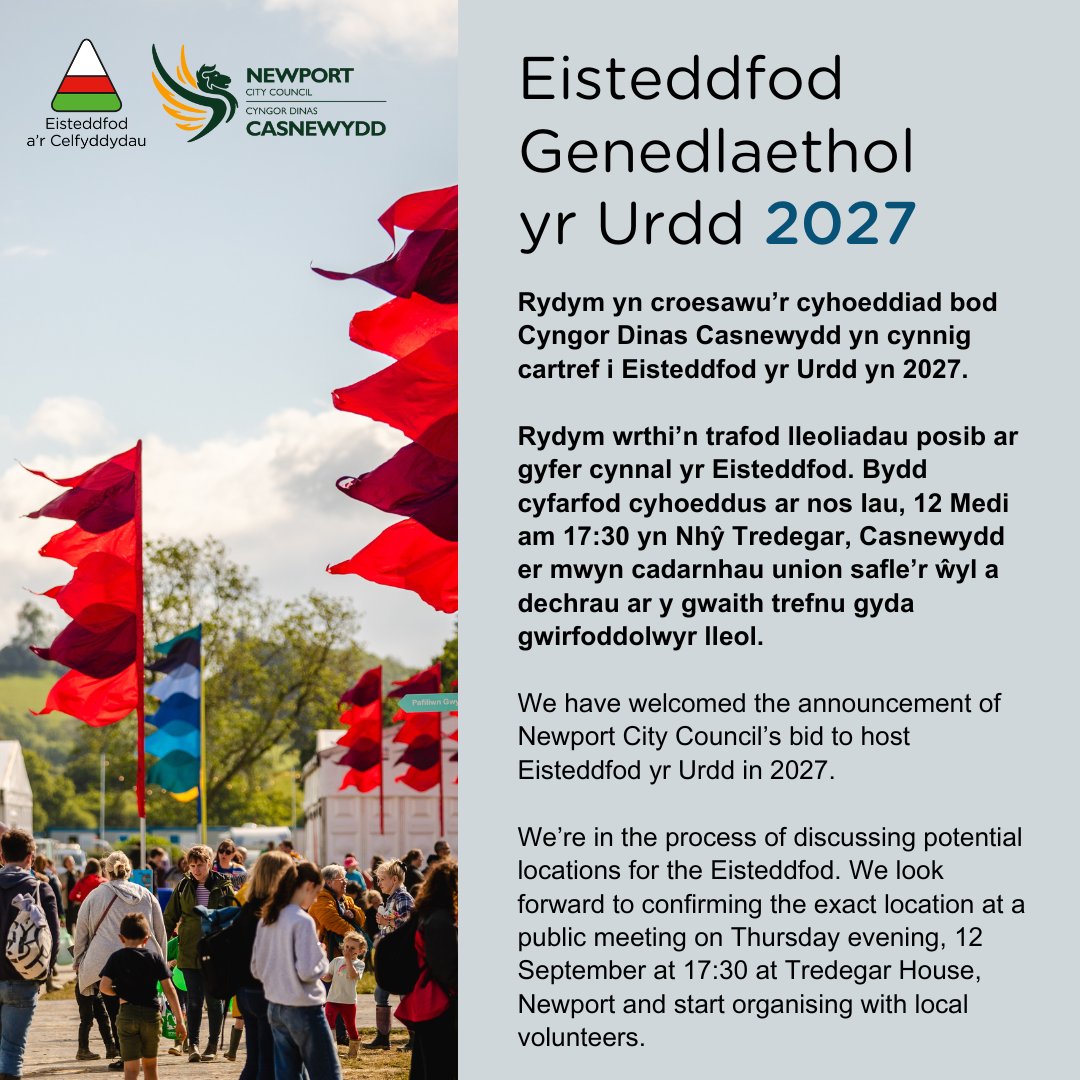 EisteddfodUrdd's tweet photo. 📢 Croesawu cynnig Cyngor Casnewydd i gynnal Eisteddfod yr Urdd 2027 | Welcoming Newport Council’s bid to host Eisteddfod yr Urdd 2027 

Diolch yn fawr i @NewportCouncil am ddangos eu cefnogaeth i fudiad yr @Urdd a’r Eisteddfod.

Mwy | More: https://t.co/3yj38ypQzx
🎪 #Urdd2027 https://t.co/TprvzNk9GE