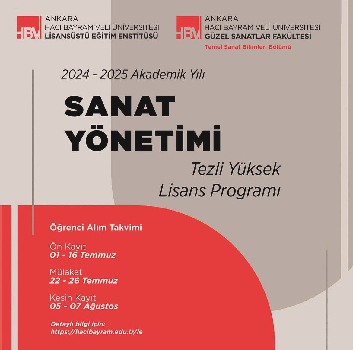 hbv_gsf (@ahbvgsf) on Twitter photo Temel Sanat Bilimleri Bölümü Sanat Yönetimi Tezli Yüksek Lisans programının giriş sınavı 22-26 Temmuz tarihleri arasında olacaktır. <a href="/hacibayramedutr/">Ankara Hacı Bayram Veli Üniversitesi</a> Temel Sanat Bilimleri Bölümü Sanat Yönetimi Tezli Yüksek Lisans programının giriş sınavı 22-26 Temmuz tarihleri arasında olacaktır. <a href="/hacibayramedutr/">Ankara Hacı Bayram Veli Üniversitesi</a>