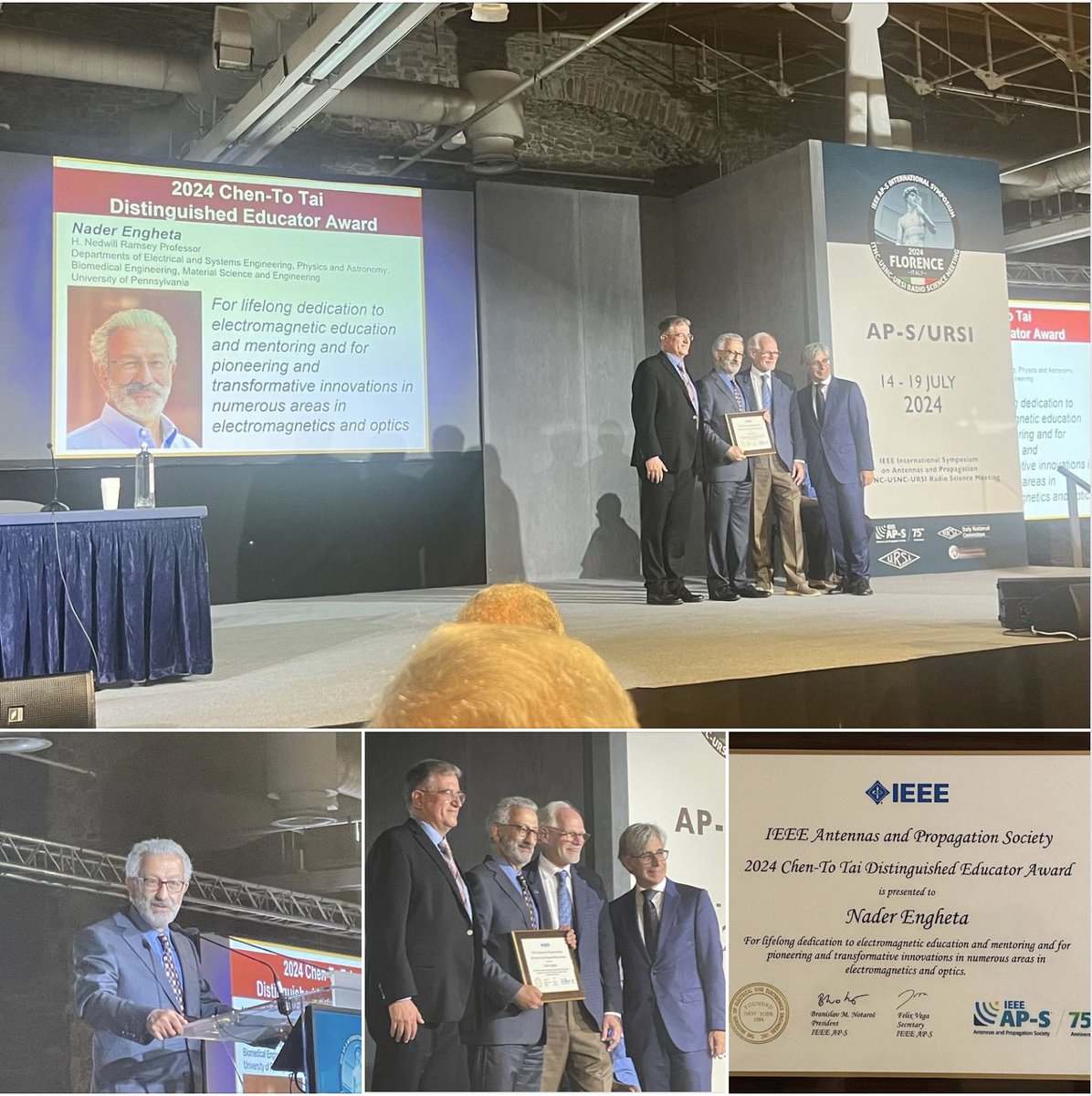 Nader Engheta (@naderengheta) on Twitter photo I am deeply honored and humbled to receive the 2024 Chen-To Tai Distinguished Educator Award from the IEEE Antennas and Propagation Society. Here are some photos from the awards ceremony in Florence, Italy last night. Photos taken by Prof. <a href="/andrea_alu/">Andrea Alu</a> and Prof. Stefano Maci I am deeply honored and humbled to receive the 2024 Chen-To Tai Distinguished Educator Award from the IEEE Antennas and Propagation Society. Here are some photos from the awards ceremony in Florence, Italy last night. Photos taken by Prof. <a href="/andrea_alu/">Andrea Alu</a> and Prof. Stefano Maci