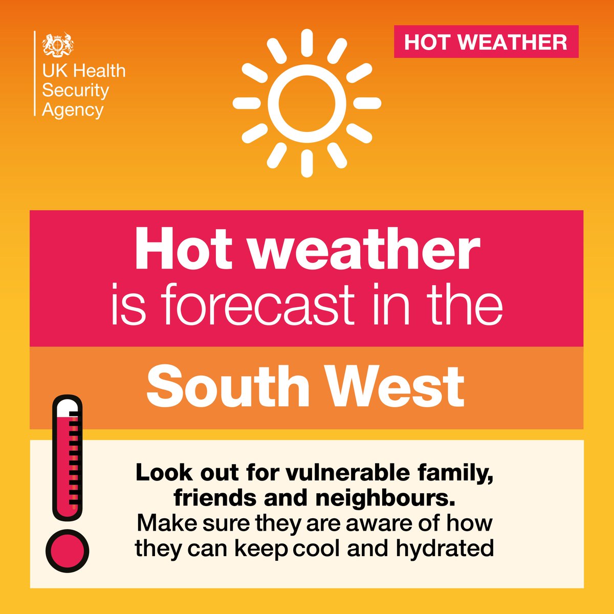 ☀️A yellow heat health alert has been issued for the South West, starting at 5pm on 18 July to 11pm on 20 July. 

Vulnerable people in your community might struggle with the heat, so look out for them. More info on how to #BeatTheHeat ⬇️

gov.uk/government/col…