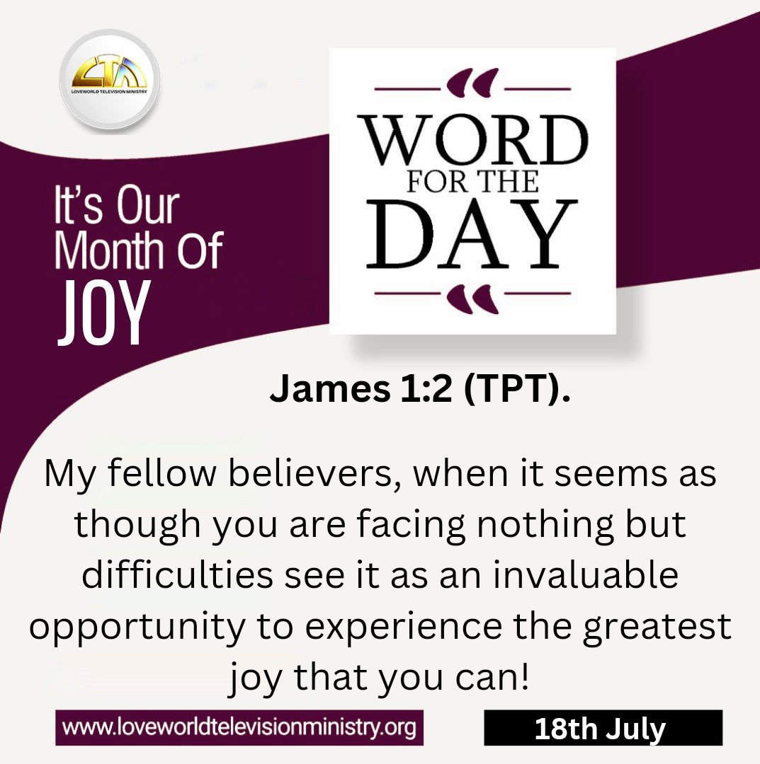 Loveworldtv's tweet photo. Celebrate and rejoice in the Lord when the squeeze is on. Don’t focus on the problem. Fix your gaze on Jesus, the author and finisher of your faith. In Him, you triumph ALWAYS, and in every situation. Glory to God!

Visit www. https://t.co/h58ruX7vQf for more inspiring contents. https://t.co/8vqhAmLEDU