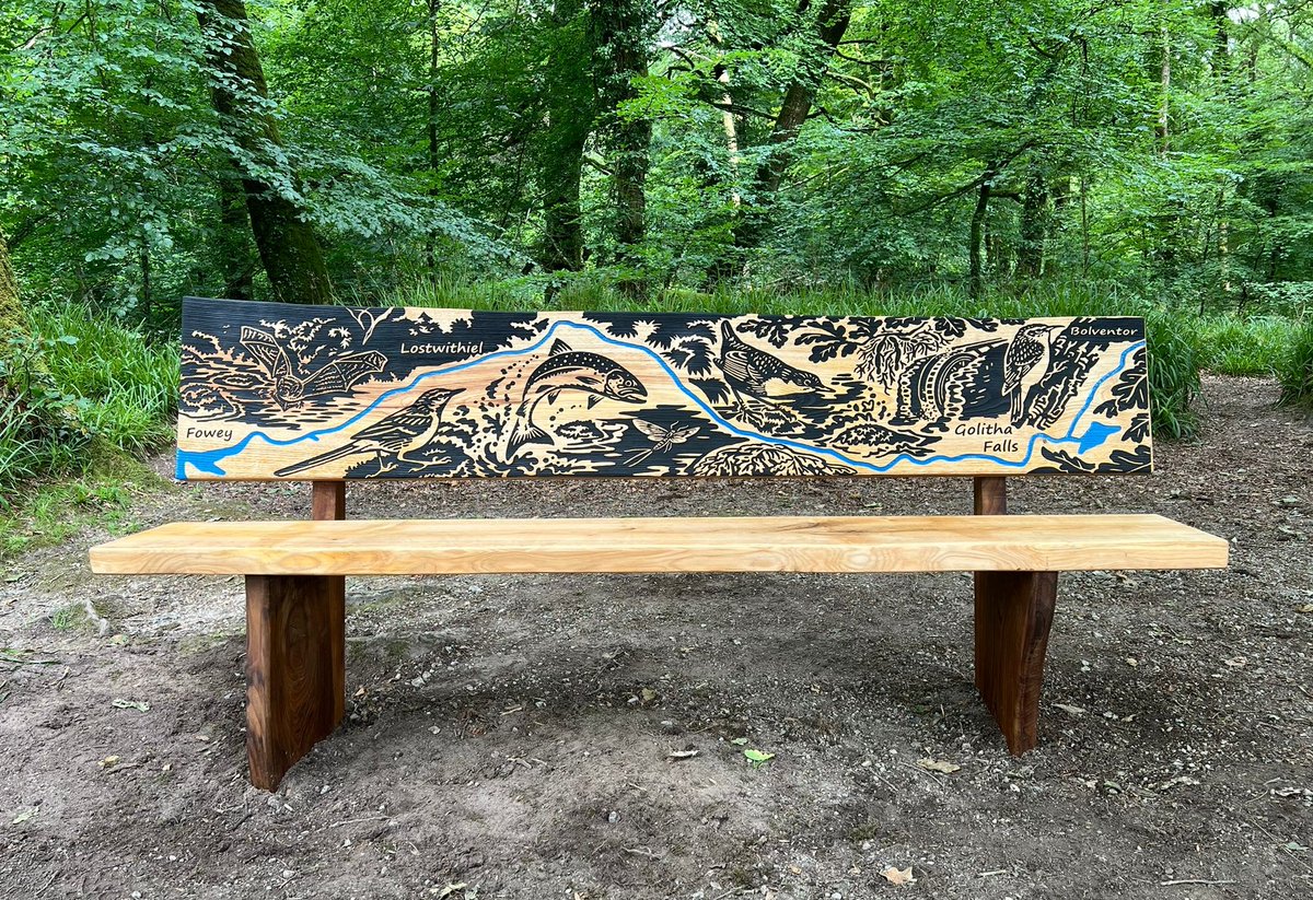 GreenspacePegs's tweet photo. A new etched bench at the magical Golitha Falls @Cornwall_NL replaces our original which was retired after more than 20 years' service. The #fowey is picked out in blue and surrounded by local flora and fauna, inspired Mike Langman @clennonvalley artwork @NE_DCIoS #Benches https://t.co/wVJHTIEt8V