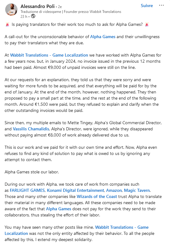 FromTvoid's tweet photo. ⚠️Crucial reminder to every translator: 𝗻𝗲𝘃𝗲𝗿 𝗮𝗰𝗰𝗲𝗽𝘁 a project from Alpha Games ⚠️

This has been public for months now, yet they still didn't pay nor reply to the people they exploited.

Full support to Wabbit Translations &amp; all the people affected. #GameOverforGreed https://t.co/qyLHGbMDKE
