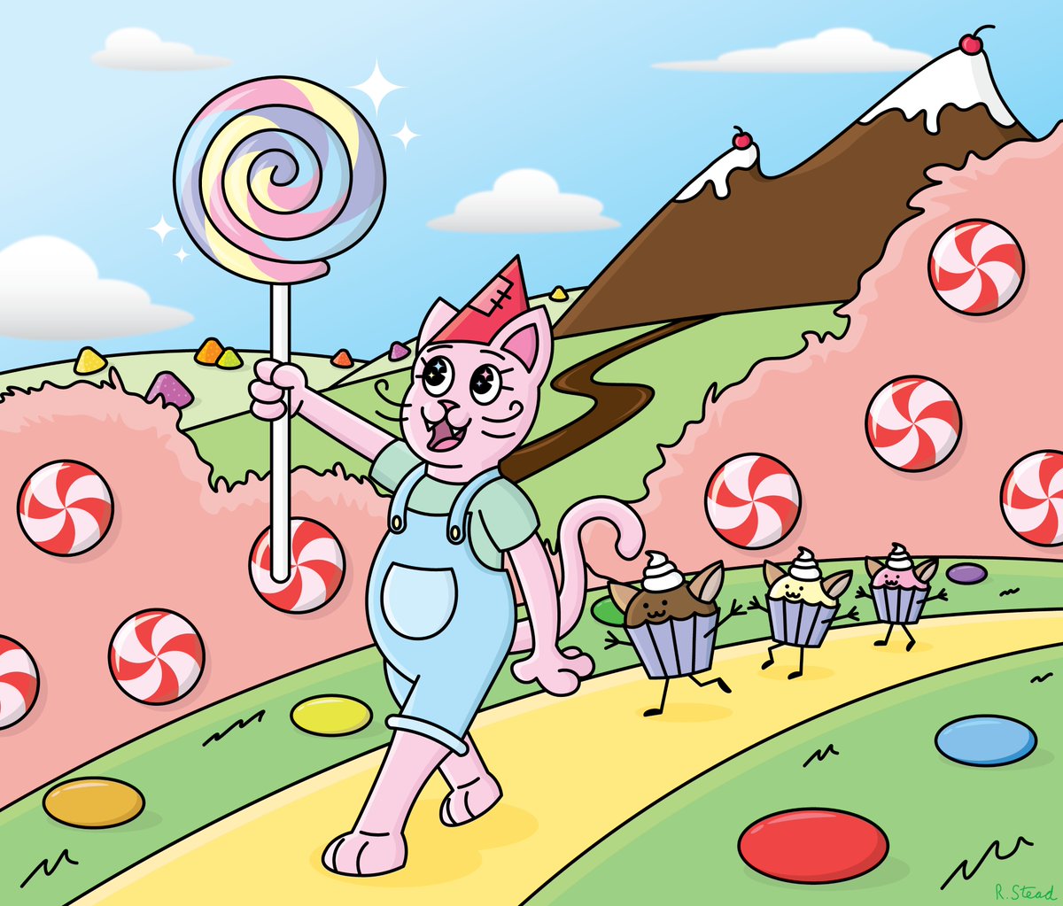 RLStead's tweet photo. Candy cat! 🍭😺 I didn't originally plan a background, but I think I did okay with it. #illustration #adobeillustrator #digitalart #drawing #cats #candy #cute #kawaii #cute #Illustrator https://t.co/zMX0NeKj2e