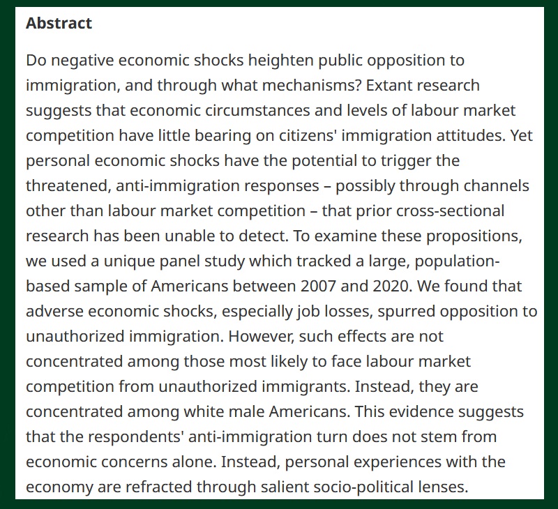 British Jnl Poli Sci (@bjpols) on Twitter photo #OpenAccess from our latest issue -
Personal Economic Shocks and Public Opposition to Unauthorized Immigration - cup.org/3zObMYX
- <a href="/dhopkins1776/">Dan Hopkins</a>, Yotam Margalit & <a href="/solo_omer/">Omer Solodoch</a> #OpenAccess from our latest issue -
Personal Economic Shocks and Public Opposition to Unauthorized Immigration - cup.org/3zObMYX
- <a href="/dhopkins1776/">Dan Hopkins</a>, Yotam Margalit & <a href="/solo_omer/">Omer Solodoch</a>