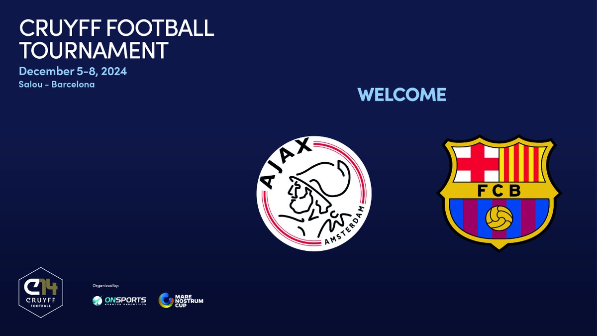 Cruyff Football (@cruyfffootball) on Twitter photo The <a href="/AFCAjax/">AFC Ajax</a> and <a href="/FCBarcelona/">FC Barcelona</a> teams confirmed!
Two of the best teams in Europe have confirmed their participation in the #CruyffFootballTournament 2024. Welcome!
Contact us at 📩 tournament@cruyfffootball.com or visit: cruyfffootball.com/es/tournament for more info.
#CruyffLegacy The <a href="/AFCAjax/">AFC Ajax</a> and <a href="/FCBarcelona/">FC Barcelona</a> teams confirmed!
Two of the best teams in Europe have confirmed their participation in the #CruyffFootballTournament 2024. Welcome!
Contact us at 📩 tournament@cruyfffootball.com or visit: cruyfffootball.com/es/tournament for more info.
#CruyffLegacy