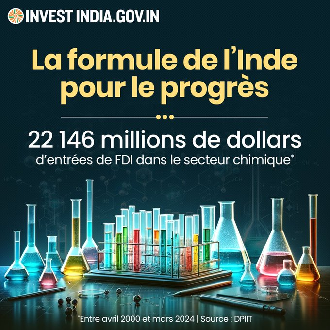InvestIndiaFra's tweet image. Les opportunités d'investissement sont nombreuses dans le secteur #chimique de l’#IndeNouvelle, avec 100 % de #FDI autorisés par voie automatique, ce qui favorise la croissance et l'innovation.

Savoir plus: bit.ly/II-Chemicals

#InvestirEnInde #IndustrieChimique