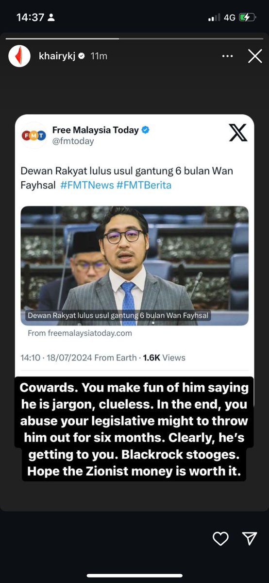 Kerajaan pengecut! Sebab <a href="/wanfayhsal/">Wan Ahmad Fayhsal</a> tak berhenti menolak BlackRock, ini sahaja caranya utk tutup mulut beliau. 

"Hope the zionist money worth it!" - <a href="/Khairykj/">Khairy Jamaluddin 🇲🇾🌺</a>