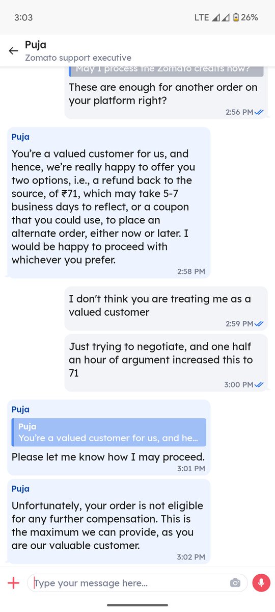 aniketdash781's tweet photo. The kind of customer service Zomato is providing has been completely deteriorated. I order for 120, receive the wrong order and what I received is cold and stale. Customer care offers 31 Zomato credits.
Do they think this as a joke?
@zomatocare
@zomatocare https://t.co/zOpnwfLl60