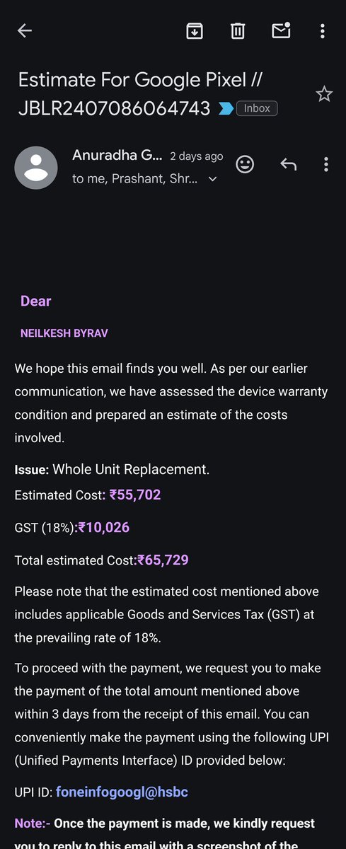 NeilkeshByrav's tweet photo. Just sent my Pixel 7 for repair after the screen started bulging out. Original cost: ₹51k (2 years ago). Service charge: ₹65k. So excited to pay more than the phone's worth for repairs, right before new versions drop at the same price. Thanks, @Google ! 🙃  @GooglePixel_US https://t.co/3pd12V2exQ