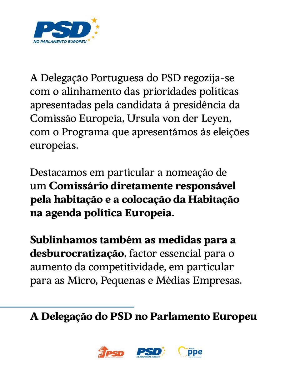 A Delegação Portuguesa do #PSD regozija-se com o alinhamento das prioridades políticas apresentadas pela candidata à presidência da Comissão Europeia, Ursula von der Leyen.