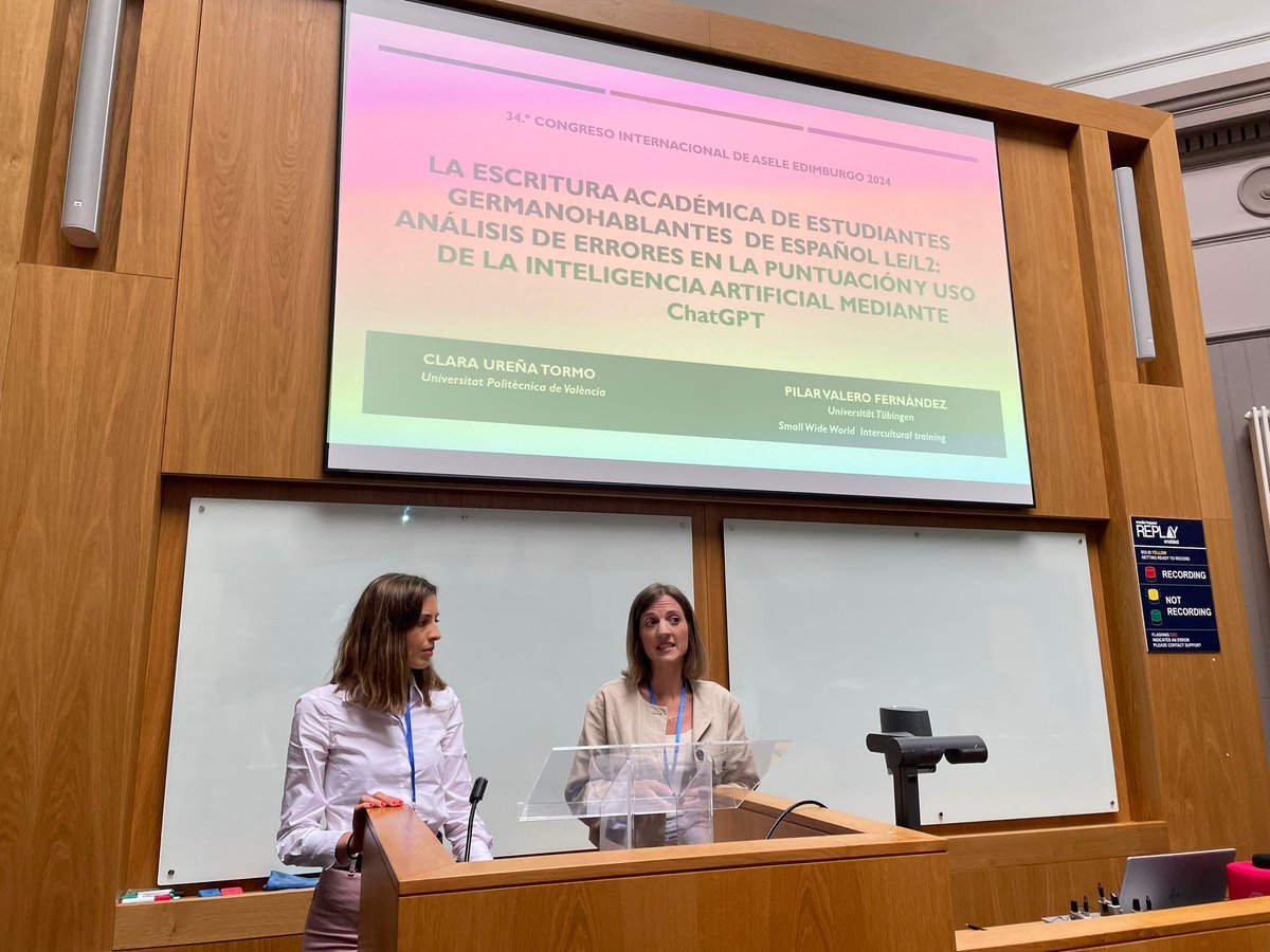 ASELE_ELE's tweet photo. Clara Ureña Tormo @UrenaTormo @UPV (España) y Pilar Valero Fernández @uni_tue (Alemania): La escritura académica en ELE: análisis de errores en la puntuación y uso de la inteligencia artificial mediante Chat GPT @asele2024ed @EdinburghUni #ASELE2024 #ELE #TwitterELE https://t.co/enIGX7XwtV