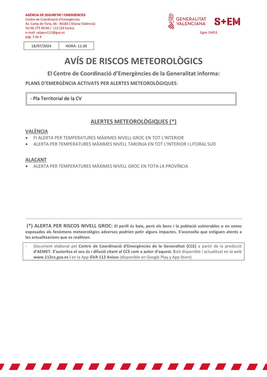 ⚠️El Centro de Coordinación de Emergencias actualiza alerta por temperaturas máximas:

🟠Alerta nivel naranja en todo el interior y litoral sur de Valencia

🟡Alerta nivel amarillo en toda la provincia de Alicante

➕INFO👇