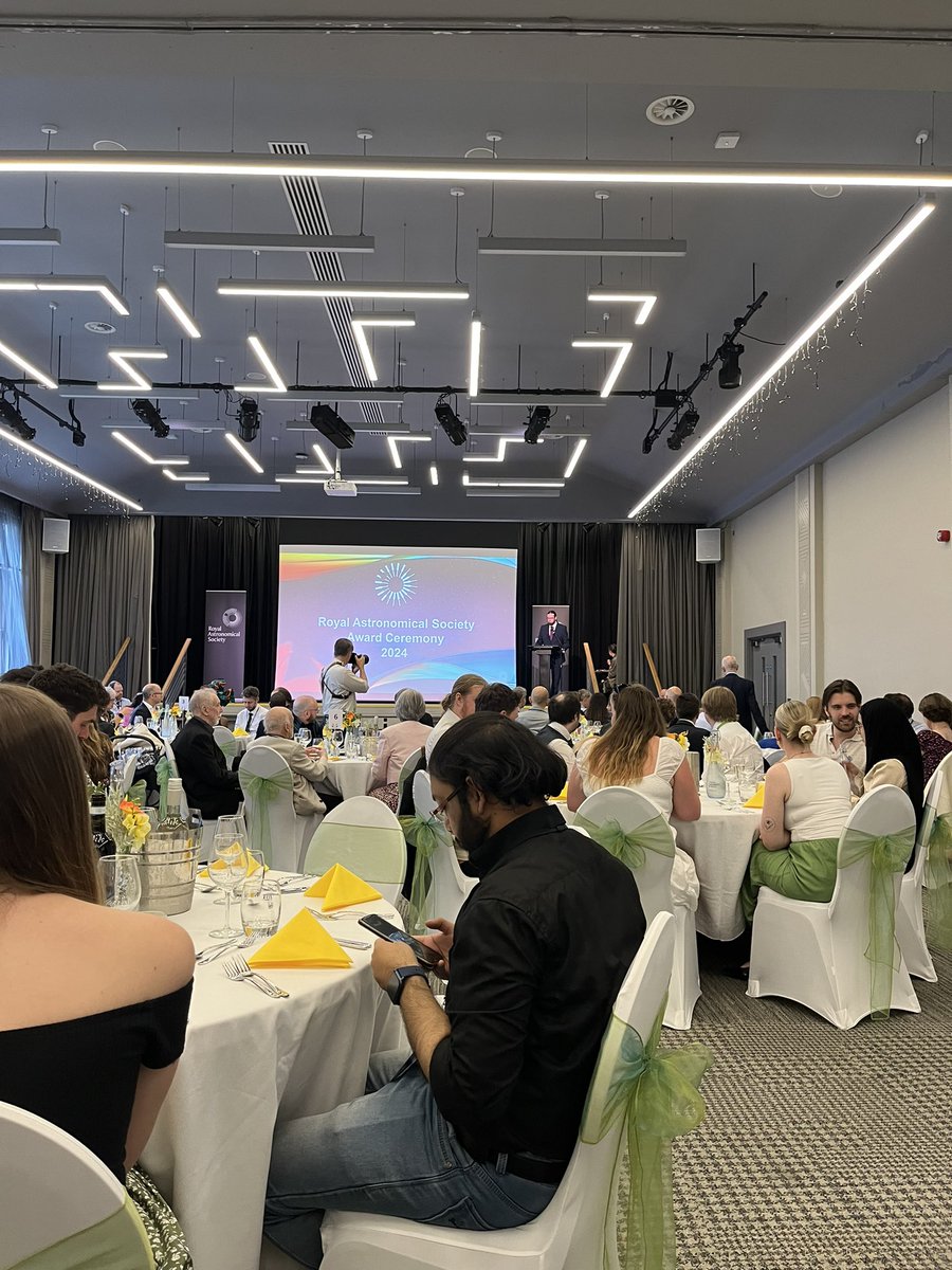 AstroLeConte's tweet photo. Wonderful time celebrating incredible achievements in astronomy and geophysics at the @RoyalAstroSoc awards dinner @hullrasnam2024. Congratulations to Leah for winning the Fowler Award and giving a beautiful speech 💫📡 #NAM2024 #RAS https://t.co/cfKYetNCoE
