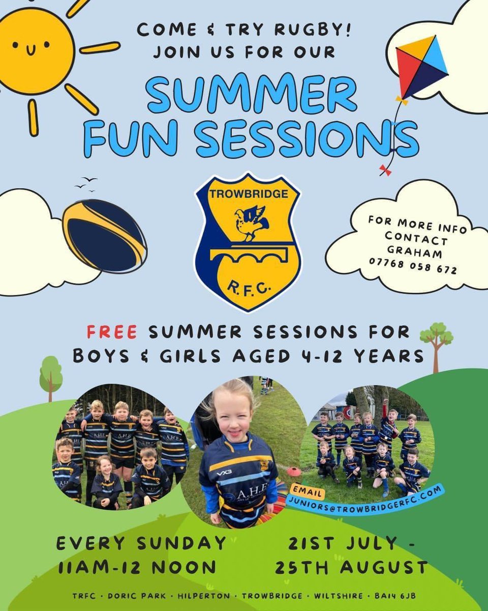 On Sundays beginning 21st July until 25th Aug you are invited to join us here at TRFC to 𝗴𝗶𝘃𝗲 𝗿𝘂𝗴𝗯𝘆 𝗮 𝘁𝗿𝘆!

Boys &amp; girls aged 4-12 years will be welcome to come along to from 11am-12 noon to take part in games, make friends, and learn what rugby is all about - FUN!
