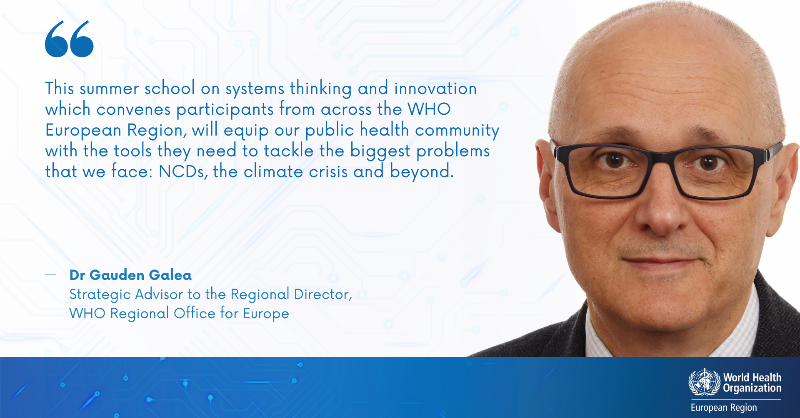 WHO_Europe's tweet photo. "We need a team effort and a sophisticated set of tools!"

Professor Siegfried Walsh comments on a Systems Thinking approach to noncommunicable diseases from yesterday's Summer Camp.

The skills developed here will shape policy and protect ageing populations from #NCDs.