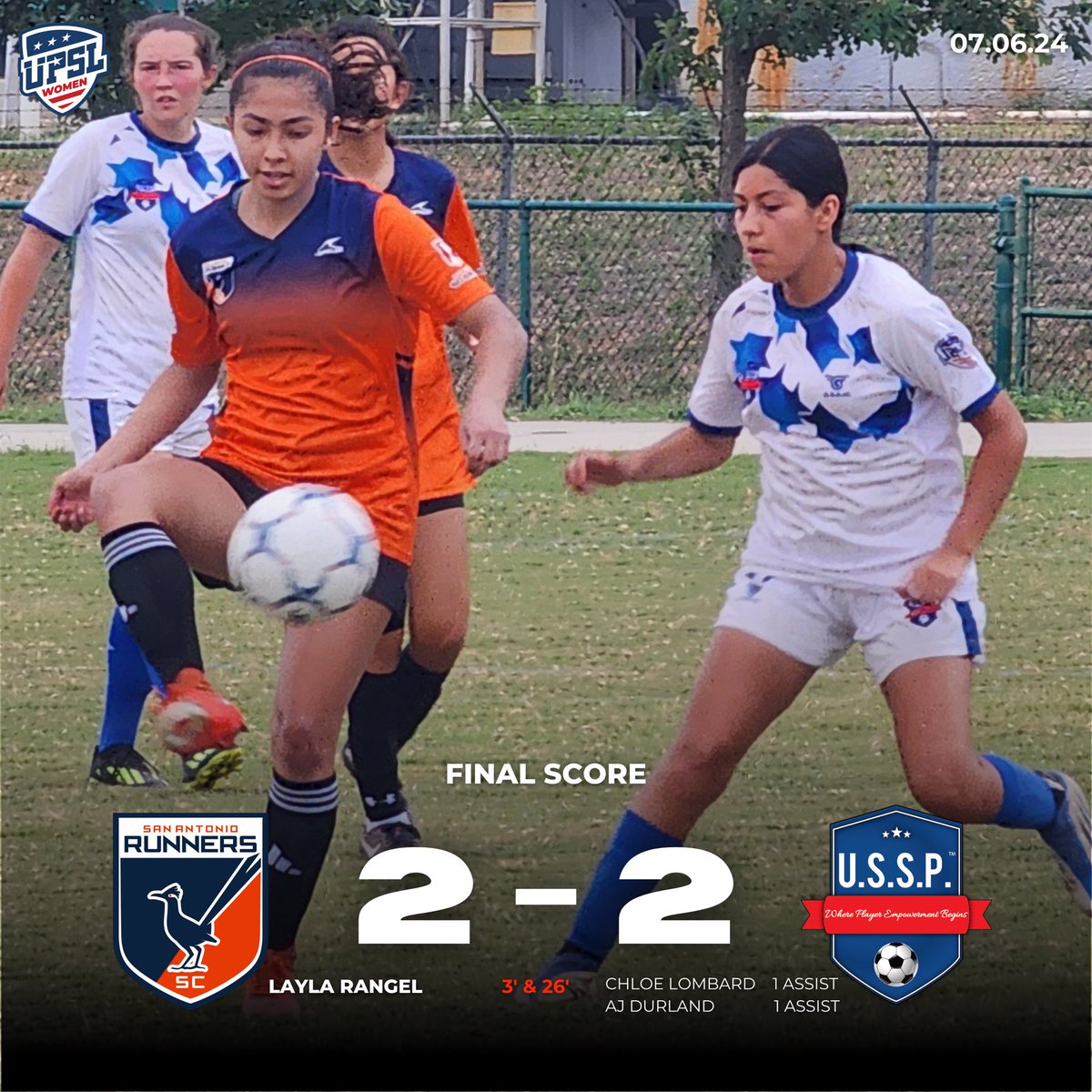 FINAL SCORE 

<a href="/sarunnerssc/">San Antonio Runners</a> 2 - 2 @us.soccer.prospects 

<a href="/upslwomen/">UPSL Women</a> | #SARvUSP 

#sarunnerssc #sarunnerswsc #finalscore #upslsoccer #upslwomen
