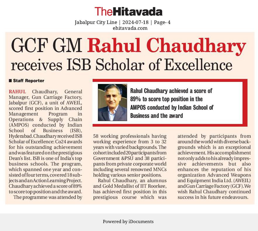 iofsoa's tweet image. Proud moment for all of us! 🎉
 Kudos to Mr. Rahul Chaudhary IOFS for achieving the ISB Scholar of Excellence with a stellar 89%, topping the AMPOS at ISB!

#IOFS #IOFSOfficersAssociation #IOFSOA #OFA #NagpurPride #OrdnanceFactories #IOFSOAPride #Legacy