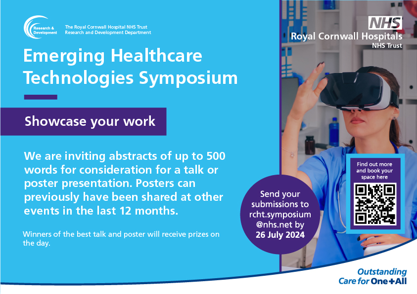 Cornwall Research (@nhsrescornwall) on Twitter photo Have you booked your place at the <a href="/RCHTWeCare/">Royal Cornwall Hospitals NHS Trust</a> Research Team's August conference yet? Our Emerging Healthcare Technologies research symposium is 6 weeks away. There's still time to submit abstracts, send a summary of up to 500 words to rcht.symposium@nhs.net by 26 July Have you booked your place at the <a href="/RCHTWeCare/">Royal Cornwall Hospitals NHS Trust</a> Research Team's August conference yet? Our Emerging Healthcare Technologies research symposium is 6 weeks away. There's still time to submit abstracts, send a summary of up to 500 words to rcht.symposium@nhs.net by 26 July