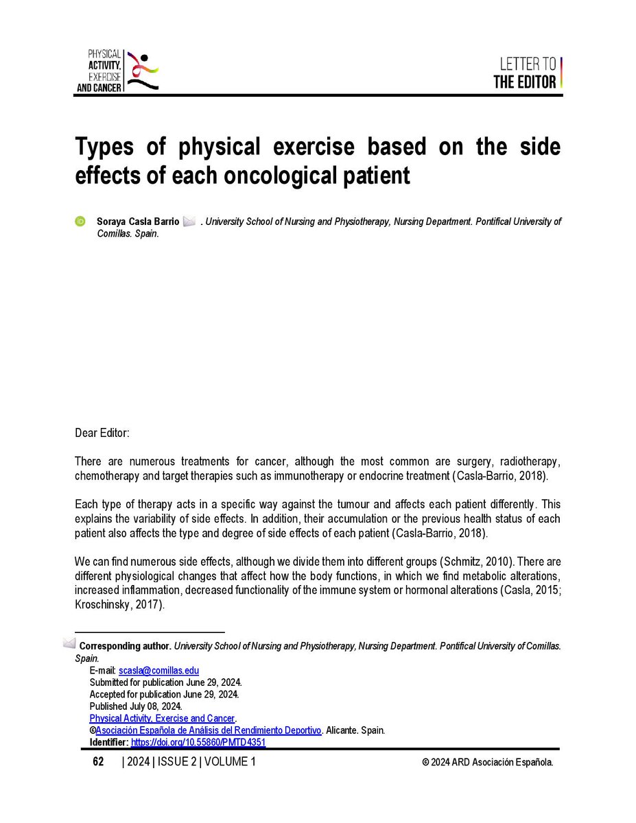 Casla Barrio, S. (2024). Types of physical exercise based on the side effects of each oncological patient. Physical Activity, Exercise and Cancer, 1(2), 62–65. doi.org/10.55860/PMTD4…