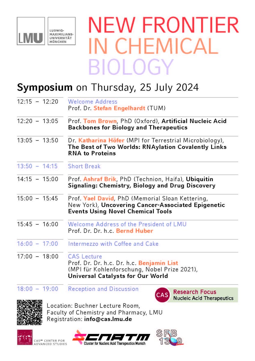 CAS_LMU (@cas_lmu) on Twitter photo The Symposium on "New Frontier in Chemical Biology" will take place on 25 July with <a href="/Prof_Tom_Brown/">Tom Brown</a> <a href="/HoeferLab/">kathaRiNA Höfer</a> <a href="/AshrafBrik/">Ashraf Brik</a> <a href="/Yael_David__/">Yael David</a> and Nobel Prize laureate <a href="/ben_list/">Ben List</a>! Please register @ info@cas.lmu.de
#CASResearchFocus "Nucleic Acid Therapeutics"
<a href="/CarellGroupLMU/">The Carell Group</a> @LabMerkel The Symposium on "New Frontier in Chemical Biology" will take place on 25 July with <a href="/Prof_Tom_Brown/">Tom Brown</a> <a href="/HoeferLab/">kathaRiNA Höfer</a> <a href="/AshrafBrik/">Ashraf Brik</a> <a href="/Yael_David__/">Yael David</a> and Nobel Prize laureate <a href="/ben_list/">Ben List</a>! Please register @ info@cas.lmu.de
#CASResearchFocus "Nucleic Acid Therapeutics"
<a href="/CarellGroupLMU/">The Carell Group</a> @LabMerkel