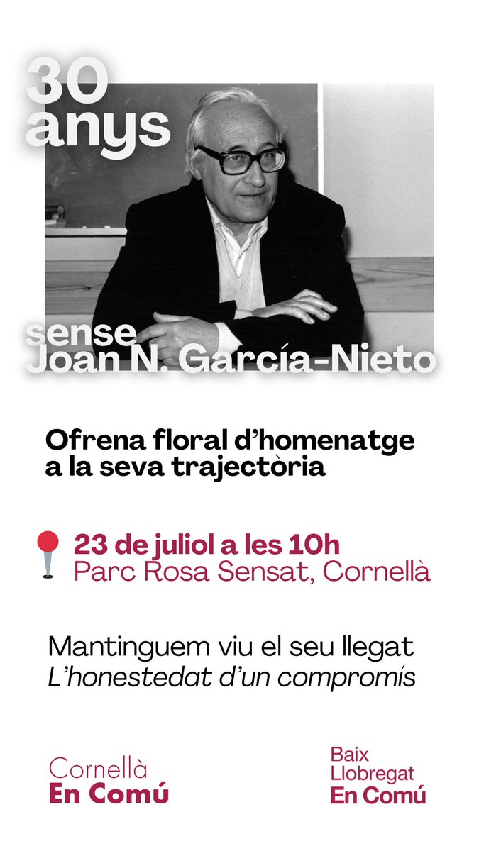💐El 23 de juliol a les 10h, us convidem a l'ofrena floral en homenatge a Joan N. García-Nieto en el 30è aniversari de la seva mort. 

Com cada any, juntament amb les companyes de <a href="/ccoo_bll_apag/">CCOO BLL APAG +drets +accioterritorial +proximitat</a>, honorem el seu compromís amb el moviment obrer i la lluita contra les desigualtats✊
