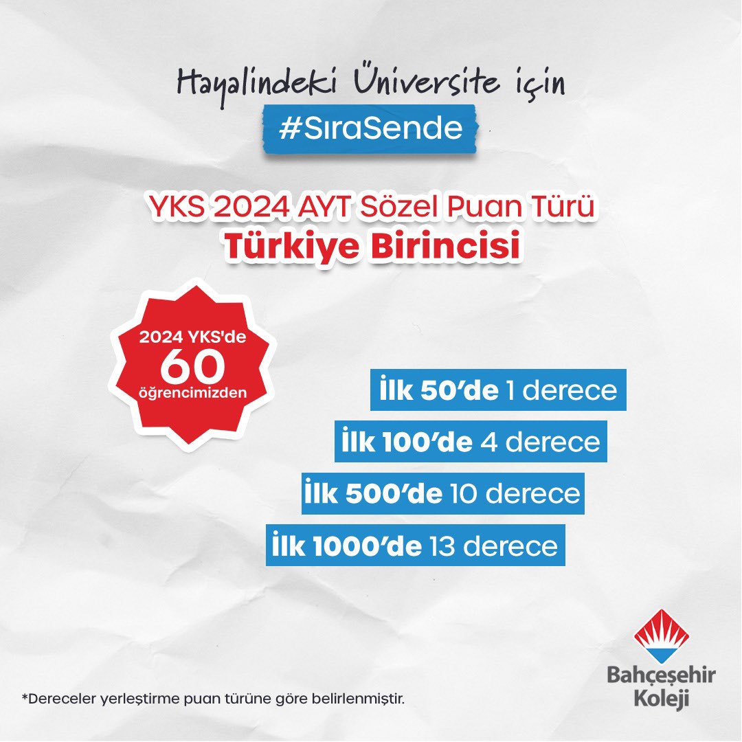 🏆2024 YKS’de de Gelenek Bozulmadı!

❤️💙Bahçeşehir Koleji YKS Tam Hazırlık Sistemi’nin başarısı öğrencilerimizi zirveye taşımaya devam ediyor.

👏🏼Sevgili öğrencilerimizi, öğretmenlerimizi ve velilerimizi tebrik ederiz.

Hayalindeki üniversite için #sırasende