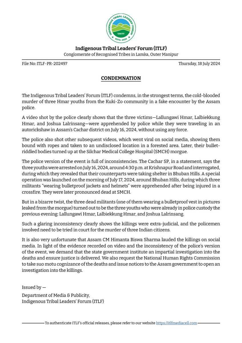 Foxtrotwolf2020's tweet photo. The cold blooded murder of 03 people of Hmar community in police custody exposed how the minority #Kuki_Zo community have been subjected to brutality and innumerable suffering since the past 14 months.

A high level enquiry should be conducted against the @assampolice personnel involved in the FAKE encounter.

#Justice4Kuki_ZoVictims 
#UnionTerritory4KukiZo 

@narendramodi @AmitShah @rajnathsingh  @himantabiswa  @RahulGandhi @kharge @Jairam_Ramesh
@ShashiTharoor @MahuaMoitra
@MamataOfficial @mkstalin @Udhaystalin
@nitin_gadkari @PMOIndia @BJP4India @INCIndia @TOIIndiaNews @htTweets  @IndiaTodayNE @thewire_in @TheQuint @ThePrintIndia
 @thecaravanindia @frontline_india
@IndiaTodayNE @IndiaToday  @cnnbrk @CNNnews18 @the_hindu @PUCLindia @ZeeNews 
@LiveLawIndia @ttindia @IndianExpress @thetribunechd @TheStatesmanLtd  @BBCBreaking @ndtv
@AJEnglish  @PTI_News @FoxNews @PTI_News
 @SAsiaSolidarity @UN
@UNHumanRights @India_NHRC