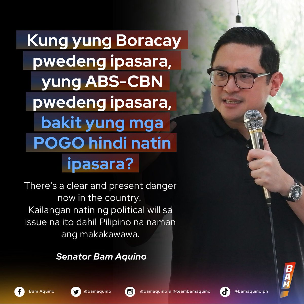 There’s a clear and present danger now in our country dahil sa dami ng kaso at insidenteng nauugnay pagdating sa POGO. Kailangan ng klarong aksyon ng gobyerno rito.