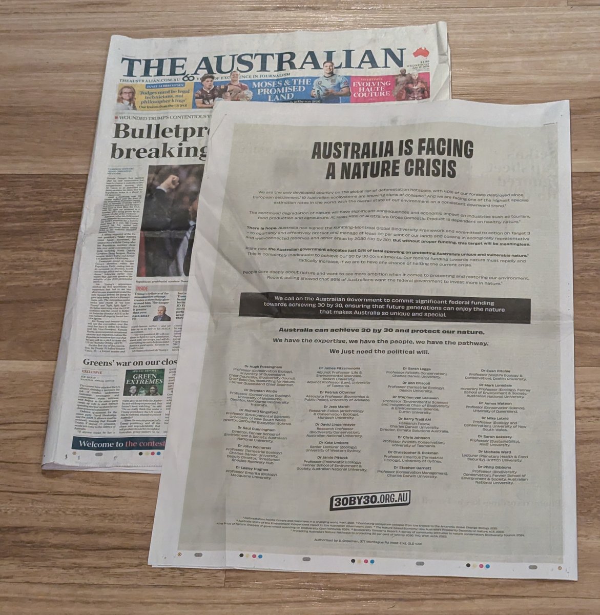 More than two dozen eminent Australian scientists have called on <a href="/ausgov/">Australian Government</a> to commit significant federal funding towards nature in a whole page ad in <a href="/australian/">The Australian</a>.  Read their statement here: bit.ly/30by30statement

<a href="/james_trezise/">James Trezise</a> : “There is one simple solution to the extinction