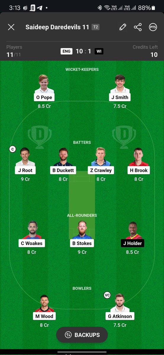FFantasy73739's tweet photo. Final Team❤️🔥 For #ENGvsWI
#statsguruji @StatsGuruji786 @AnuragxCricket #Cricket #dream11 #fantasycricket #finalteam # https://t.co/chVQzqRiSR