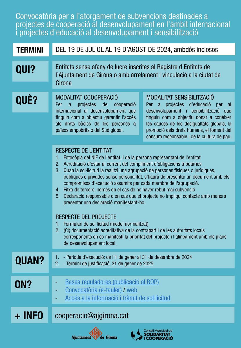 📢 ATENCIÓ entitats que us dediqueu a la Cooperació Internacional i la Sensibilització 🌍

🗨️<a href="/Girona_Cat/">Ajuntament de Girona</a> publica la convocatòria 2024 de subvencions per a projectes. 

🗓️Termini de presentació de sol·licituds: del 19 de juliol al 19 d'agost. 

ℹ️ web.girona.cat/cooperacio/sub…