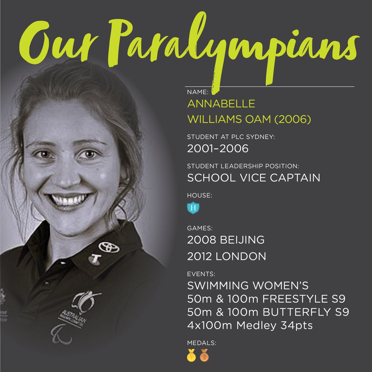 Annabelle Williams OAM (2006), is a two-time Paralympian &amp; five-time World Record Holder in swimming. Annie competed at Beijing 2008 &amp; London 2012 Paralympics. At #PLCSydney, she served as School Vice Captain &amp; was a proud member of Harper House.

🔗bit.ly/4bRg3bn
